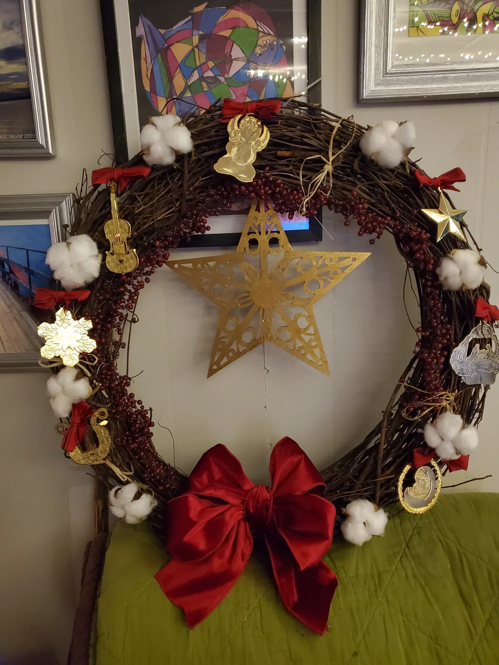 Handcrafted Festive Red Ribbon Cotton & Gold Ornament Holiday Wreath *Large 18